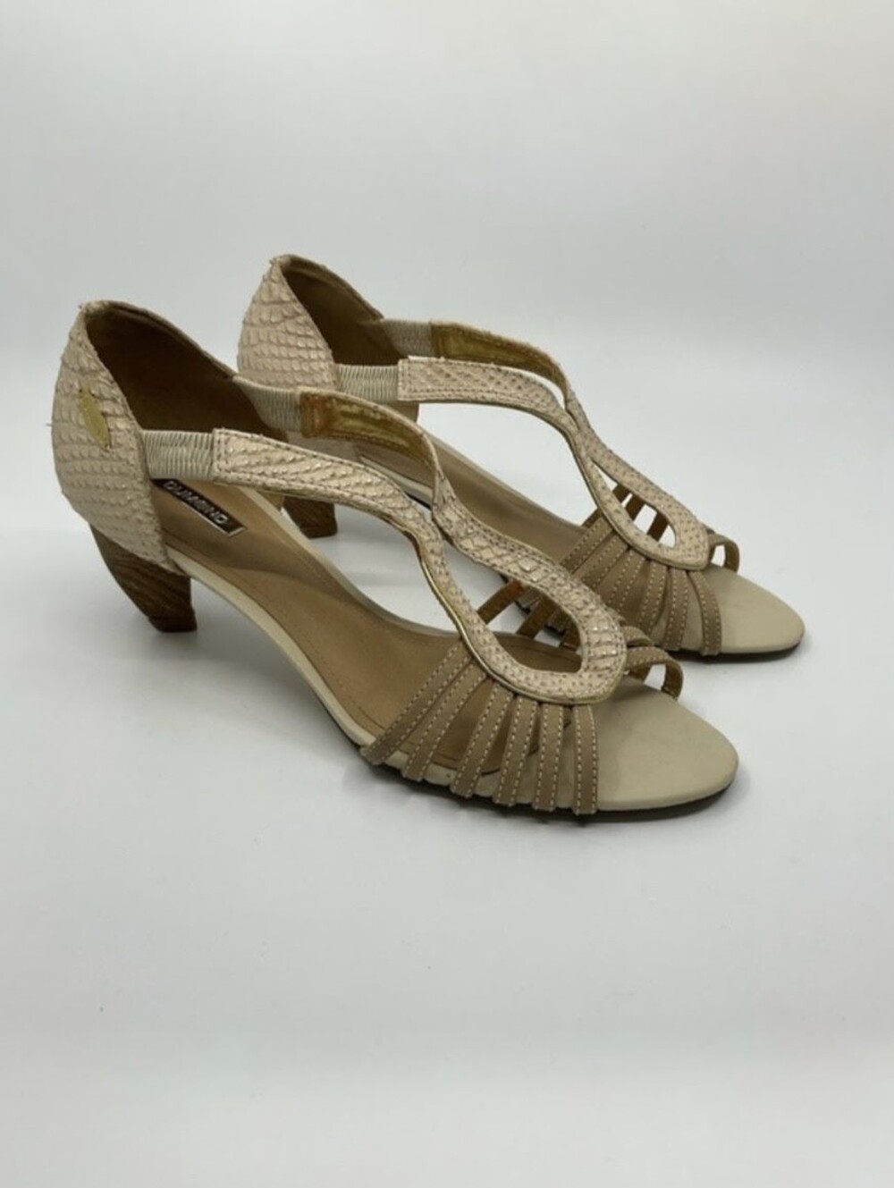 Dumond Reptile Textured Wooden Heel Strappy Sandals Cream Gold EU40 US9